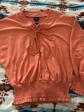 Daytrip Rust Lace-Up Smocked Waist Top